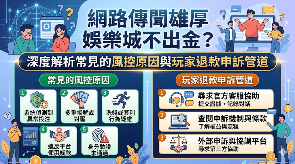 近期網路流傳雄厚娛樂城不出金的傳聞，引發廣大玩家對於平台信譽的疑慮與熱烈討論。事實上，許多出金爭議源於娛樂城內部的風控機制，例如偵測到異常的IP登錄、洗錢嫌疑、套利行為或不實的個人資料註冊等，導致帳戶在提款審核階段遭到凍結。為了保障自身權益，玩家應深入了解各大平台的風控標準，並在遇到爭議時，第一時間留存對話與交易紀錄，透過正確的官方申訴管道或第三方調解平台尋求協助。本篇深度解析旨在協助玩家辨別傳聞真偽，揭開風控背後的運作邏輯，並提供實用的退款申訴流程建議，確保每一位使用者都能在透明且安全的環境下進行遊戲。